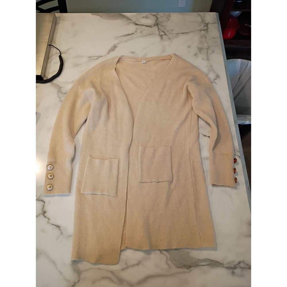 Women’s Long Open Front Cardigan Med Cream Duster Soft Sweater Pockets Buttons
